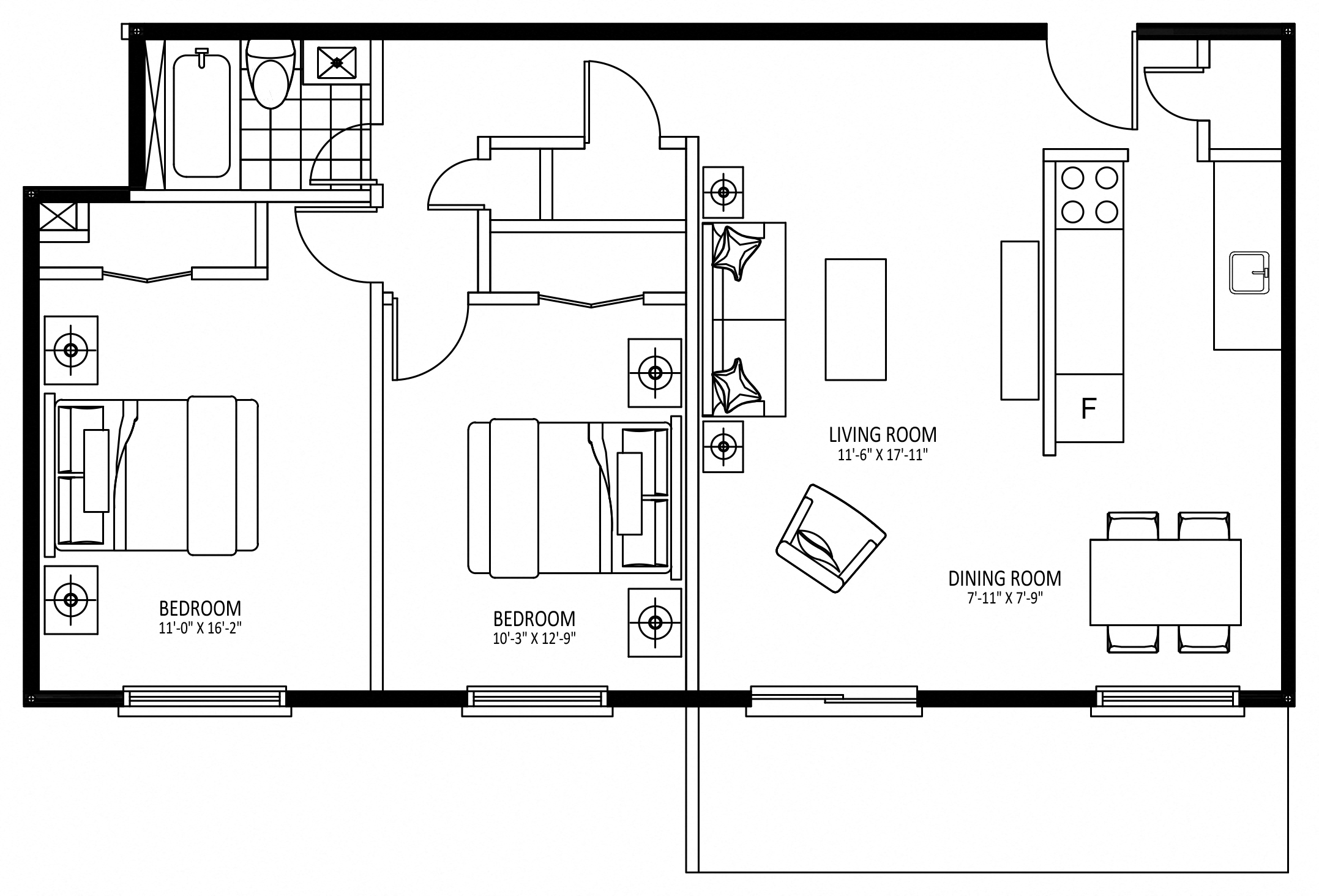 Floor plan for 2 beds, 1 bath, 918 sqft